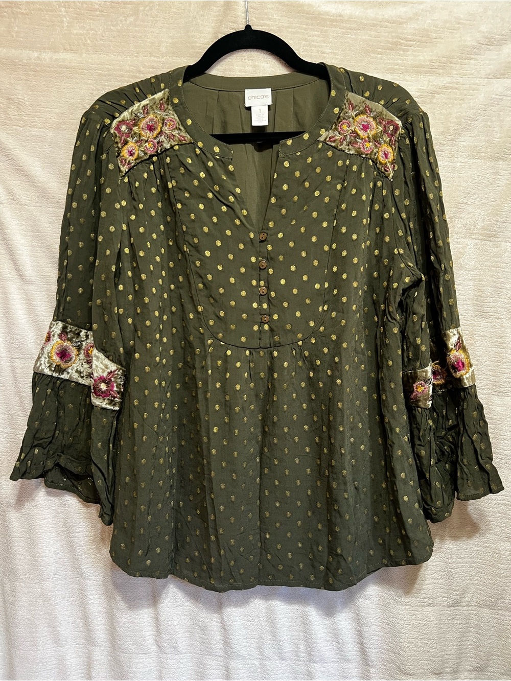 Chico’s 1 Olive Embroidered Clip Dot Boho Tunic Top Velvet Trim Artisan Blouse